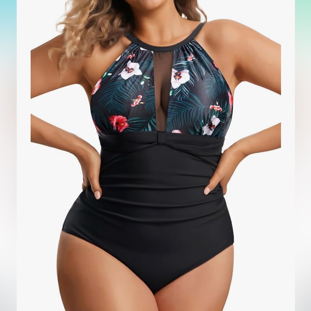 Tropical Floral Black One-Piece Swimsuit